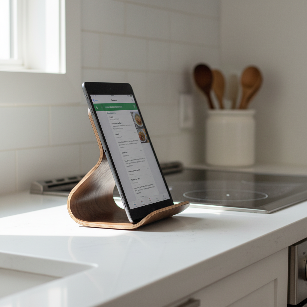 Tablet on a stand displaying a cooking app in a kitchen setting.