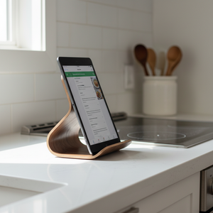 Tablet on a stand displaying a cooking app in a kitchen setting.