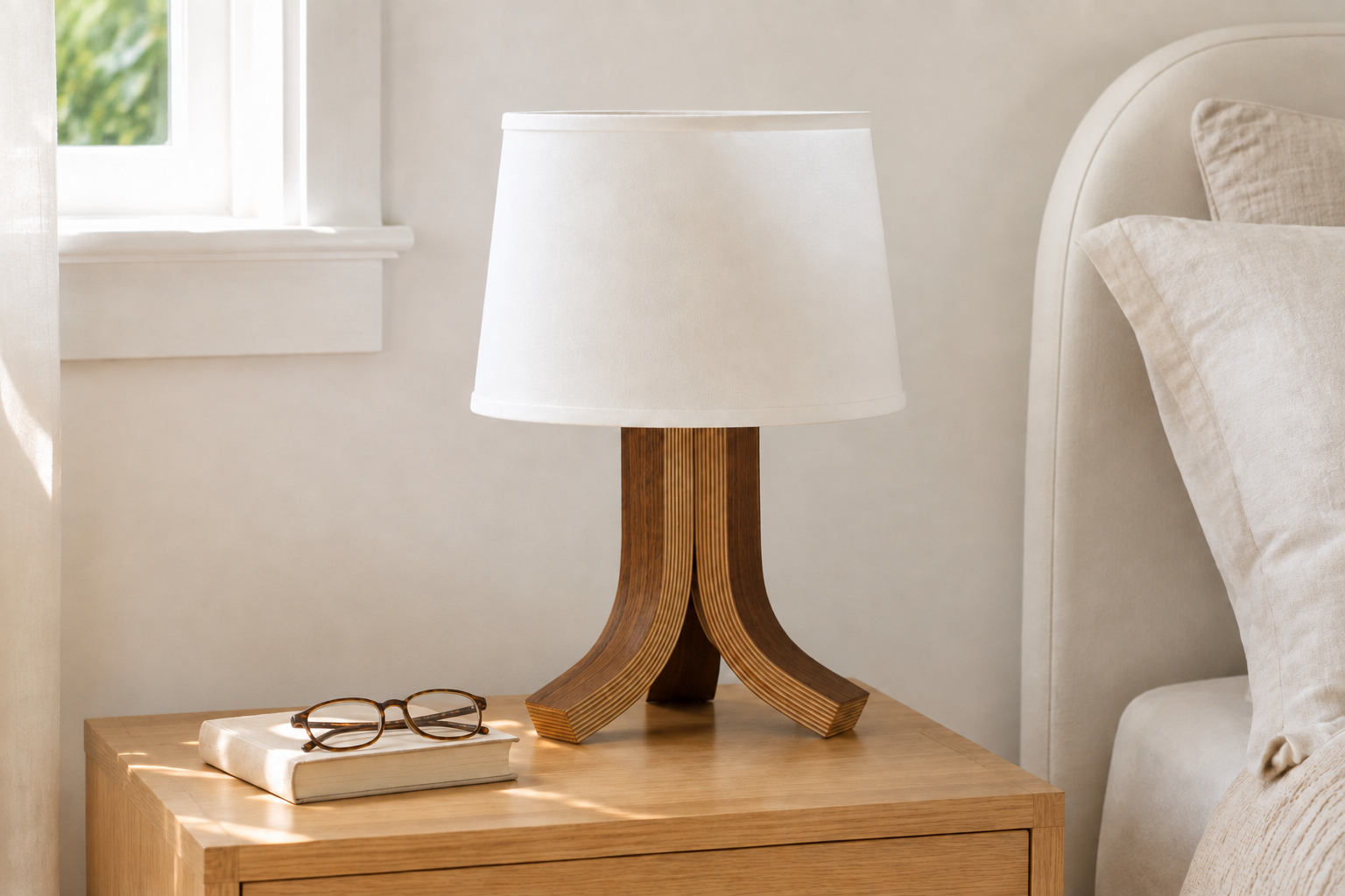 A table lamp with a white drum shade and a curved wooden tripod base, styled on a light wood bedside table next to a bed.