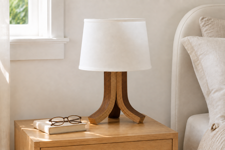 A table lamp with a white drum shade and a curved wooden tripod base, styled on a light wood bedside table next to a bed.