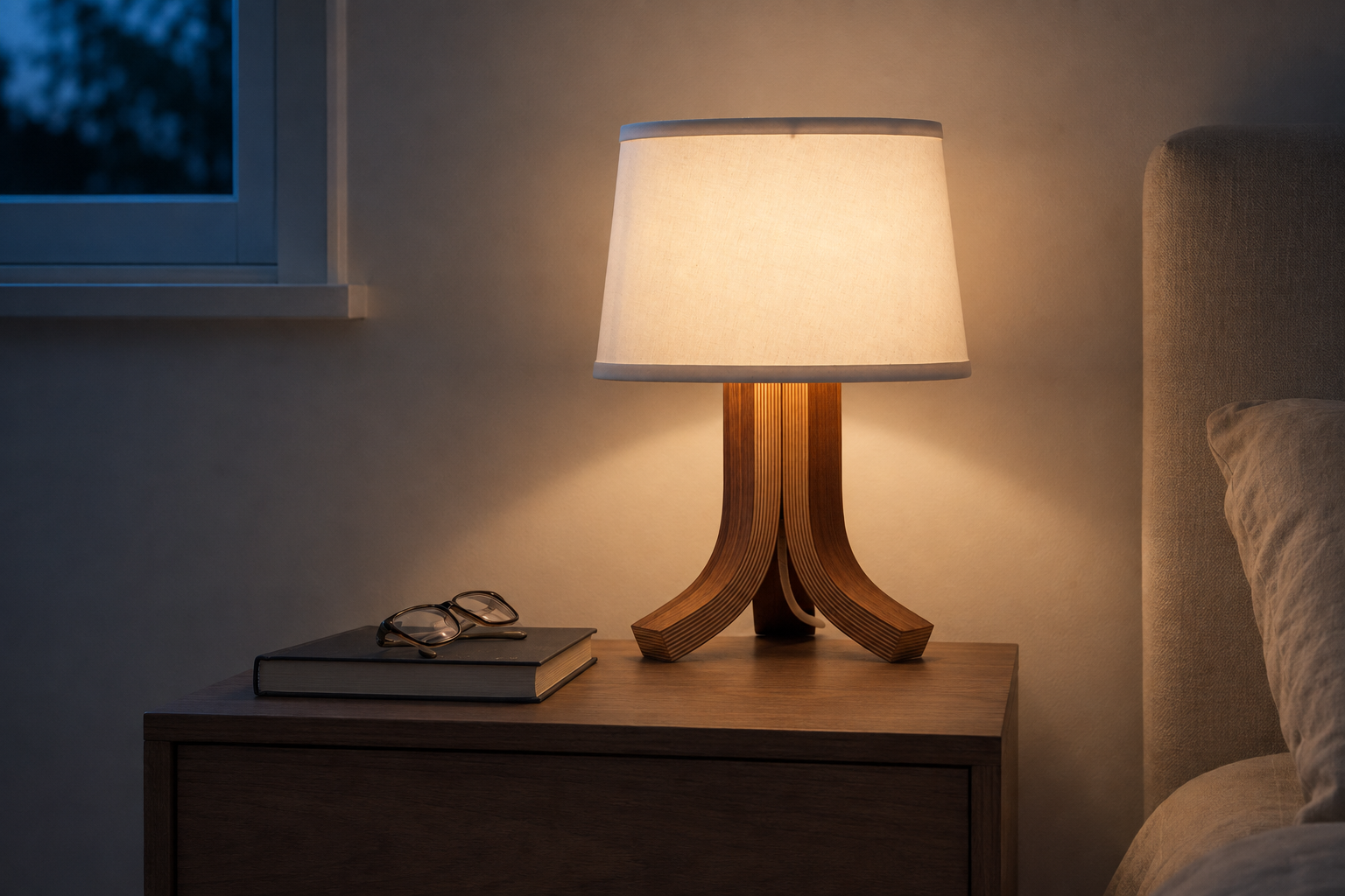 A table lamp with a warm glowing white drum shade and a sculptural wooden base sits on a bedside table next to a bed in a dimly lit bedroom.