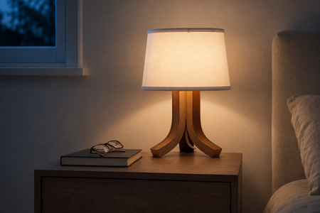 A table lamp with a warm glowing white drum shade and a sculptural wooden base sits on a bedside table next to a bed in a dimly lit bedroom.