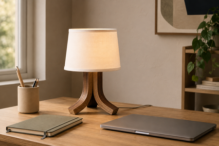 A table lamp with a white fabric drum shade and a curved wooden base sits on a wooden desk in a styled home office setting, next to a closed laptop, notebook, and cup.