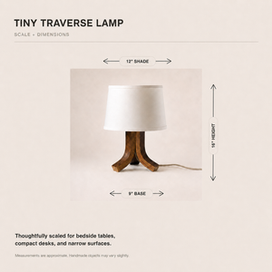 A dimension diagram of a tiny traverse lamp on a warm beige background, showing a 12-inch shade, 9-inch base, and 16-inch height with measurement arrows and labels.