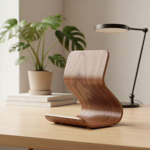 Wooden tablet stand on a desk with a lamp and a plant and books in the background