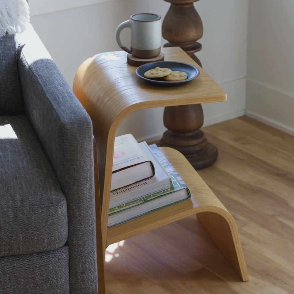 Modern wooden side table from different angles
