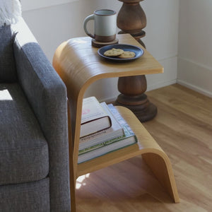 Modern wooden side table from different angles